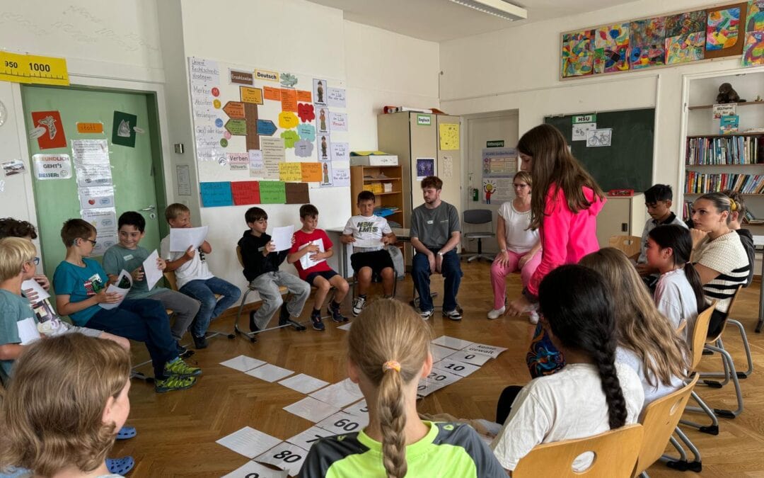 Aktionen der 4.Klassen: Workshop Zivil­courage, Radfahren, Beeren­meile, Yoga, 1.Hilfe-Kurs